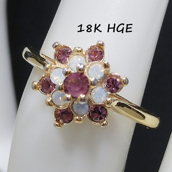 Vintage 1970s Gold Plated Purple Rhinestone Opal Cocktail Ring 18K HGE Sz 5¼ - Picture 1 of 10